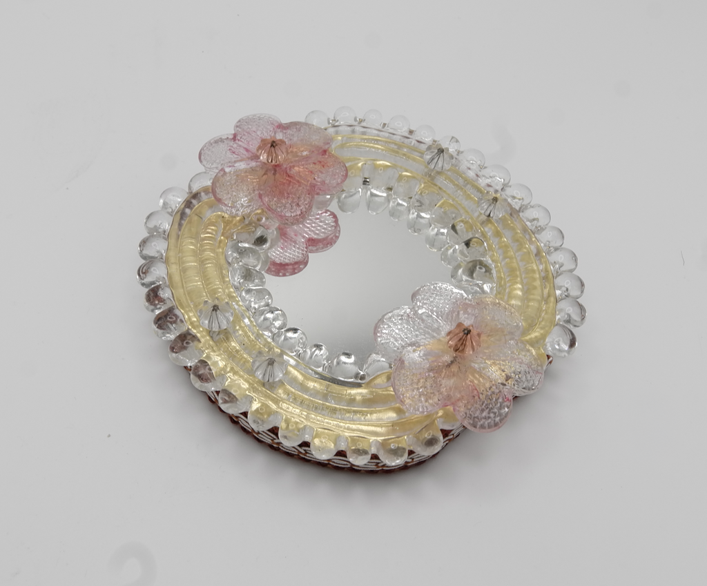 Murano Small Pink Glass Flowered Mirror with Gold Leaf, Italy, 1960s