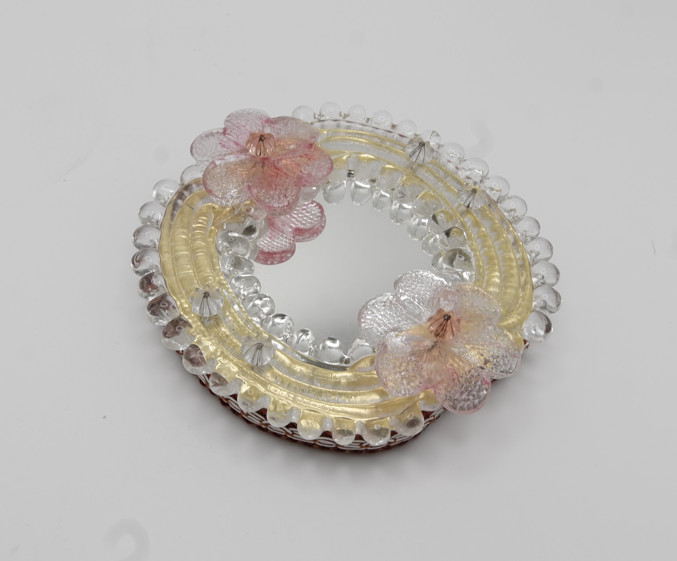 Murano Small Pink Glass Flowered Mirror with Gold Leaf, Italy, 1960s
