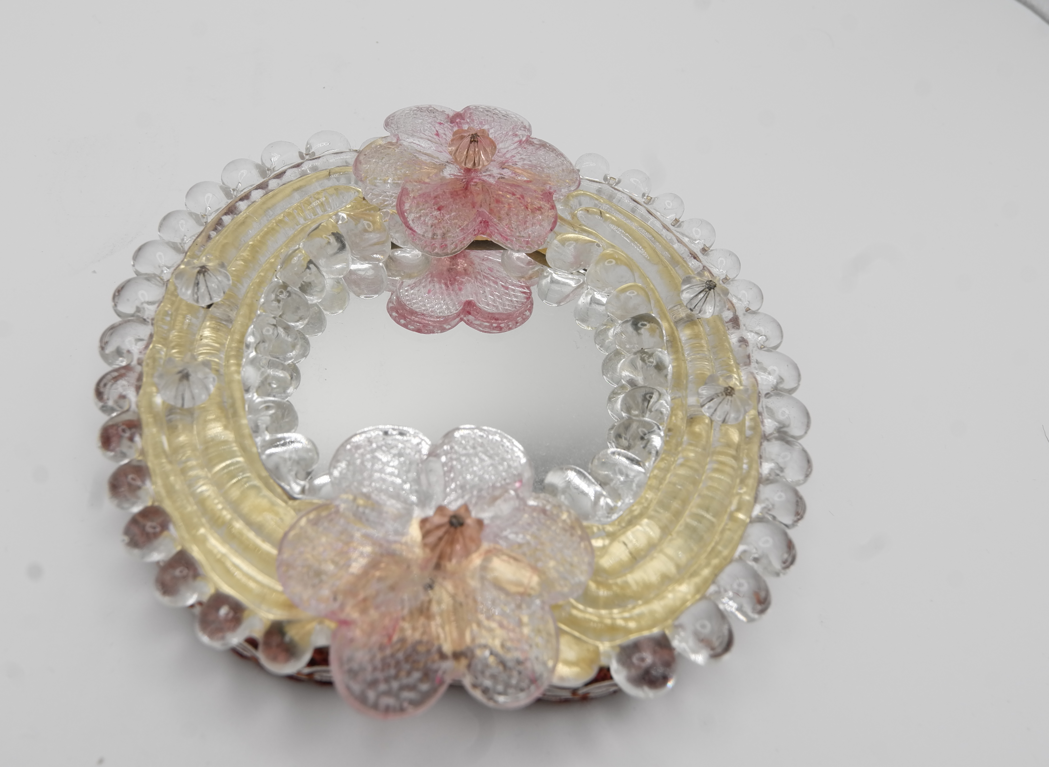 Murano Small Pink Glass Flowered Mirror with Gold Leaf, Italy, 1960s