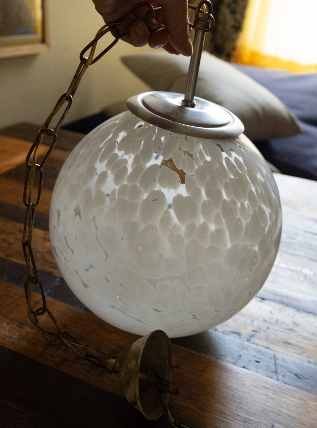 Vintage Italian Murano Glass Globe Pendant Light — White Mottled, c.1970s