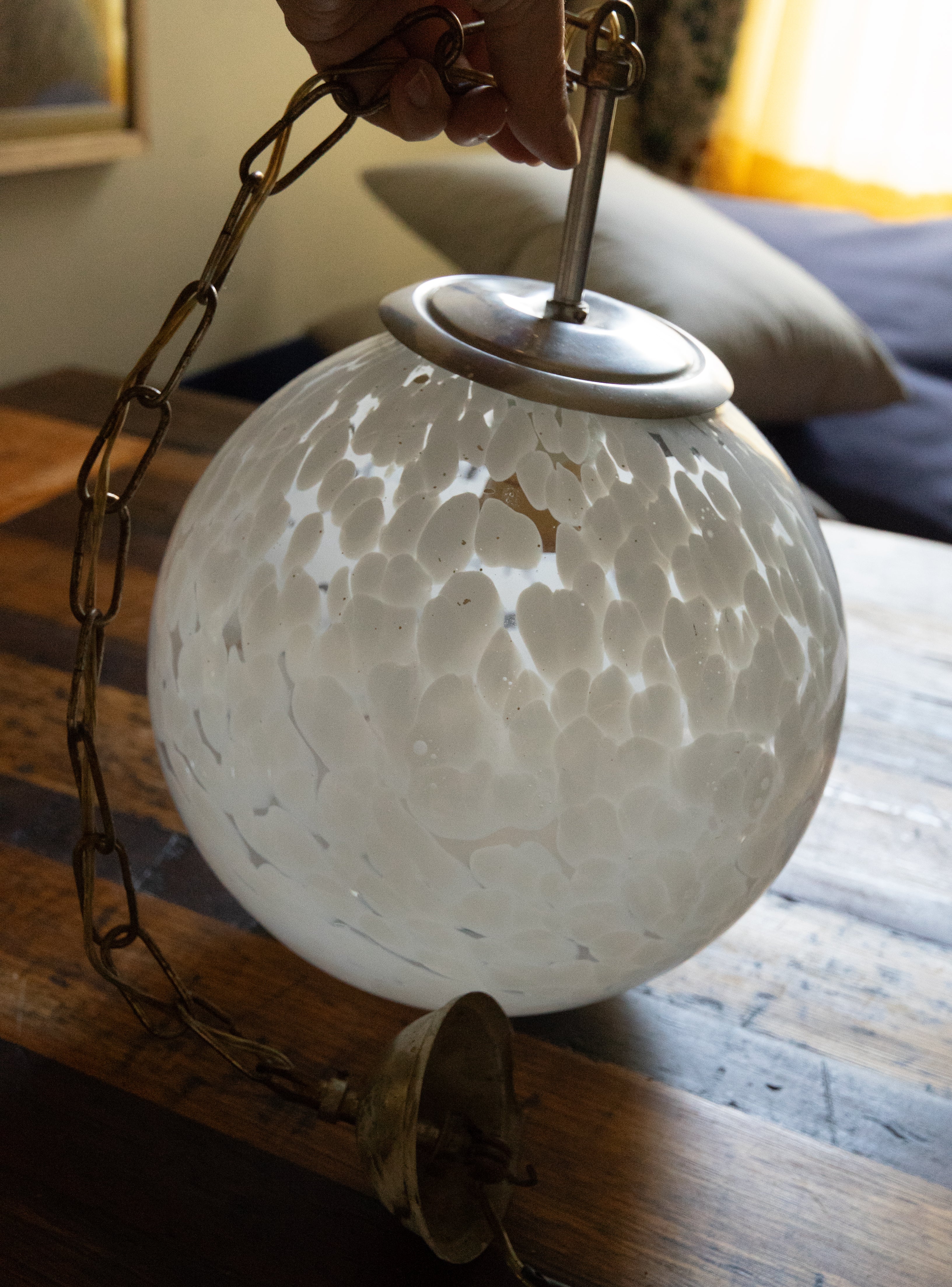 Vintage Italian Murano Glass Globe Pendant Light — White Mottled, c.1970s